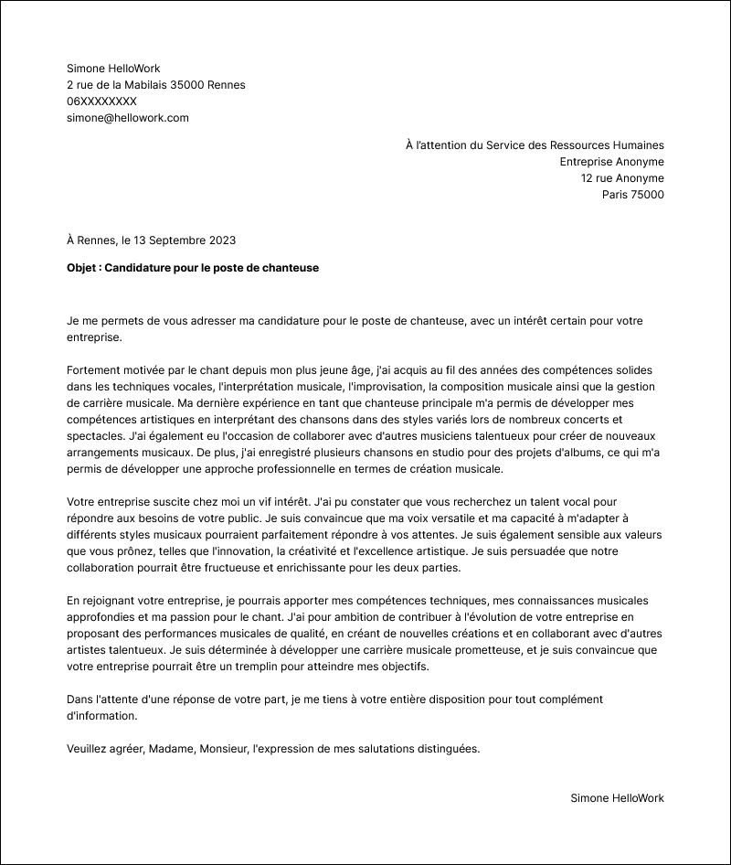 Modèle lettre de motivation Chanteur Exemple lettre de motivation Chanteur