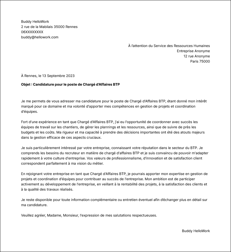 Modèle lettre de motivation Chargé d'affaire BTP Exemple lettre de motivation Chargé d'affaire BTP
