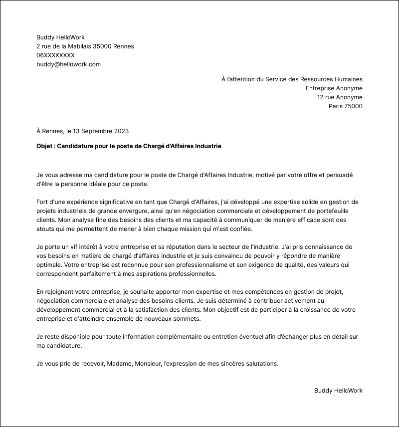Modèle lettre de motivation Chargé d'affaire industrie Exemple lettre de motivation Chargé d'affaire industrie