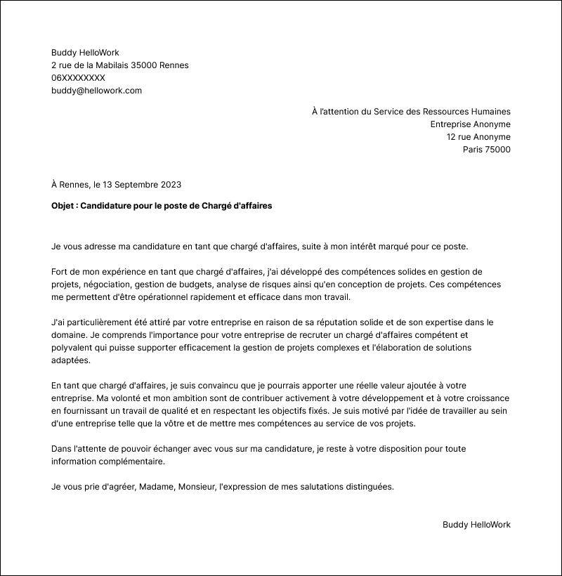 Modèle lettre de motivation Chargé d'affaires Exemple lettre de motivation Chargé d'affaires