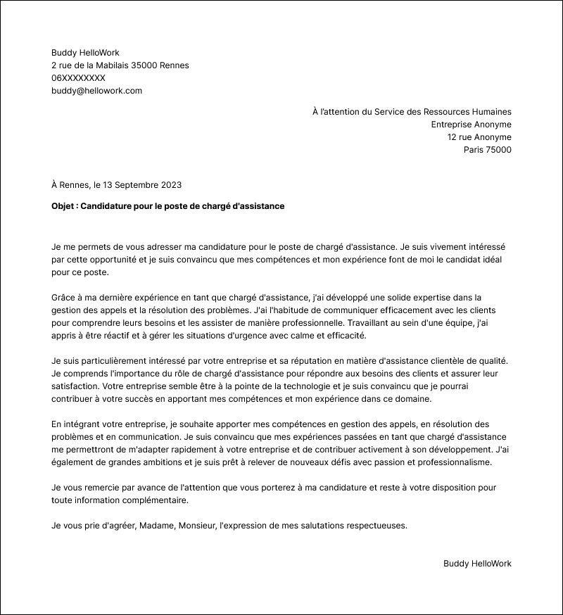 Modèle lettre de motivation Chargé d'assistance Exemple lettre de motivation Chargé d'assistance