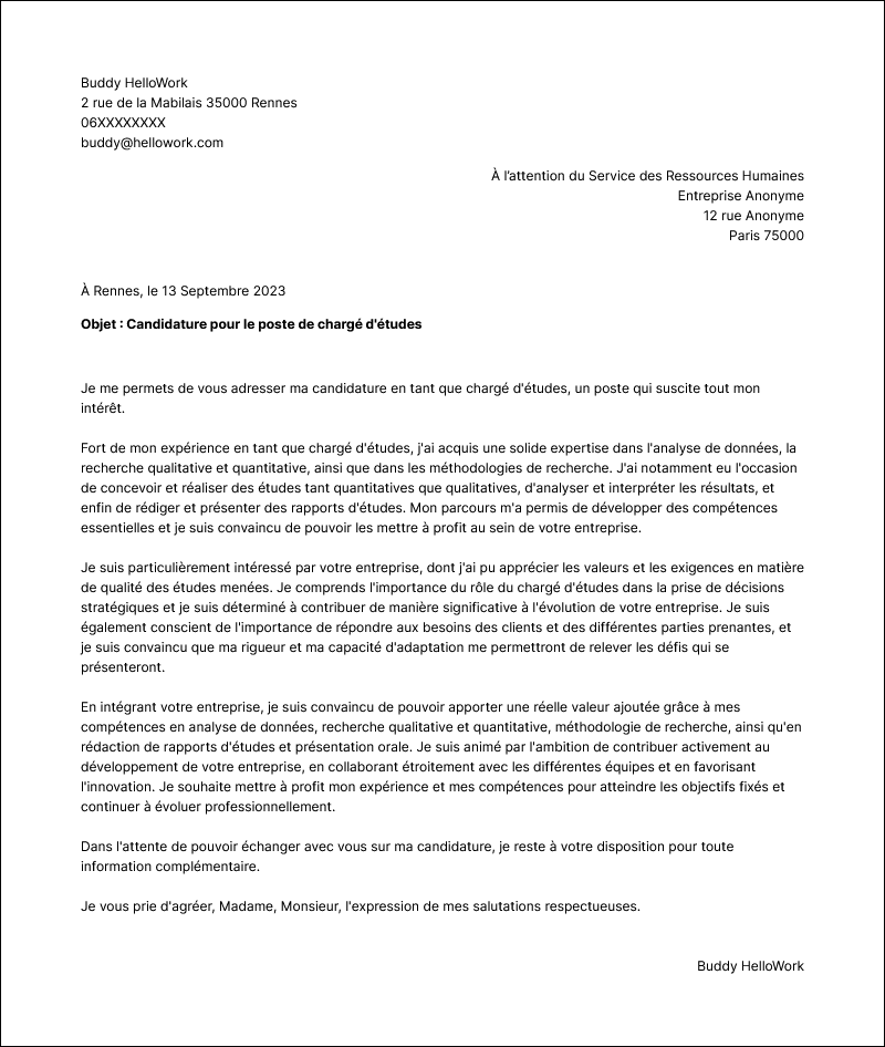Modèle lettre de motivation Chargé d'études Exemple lettre de motivation Chargé d'études
