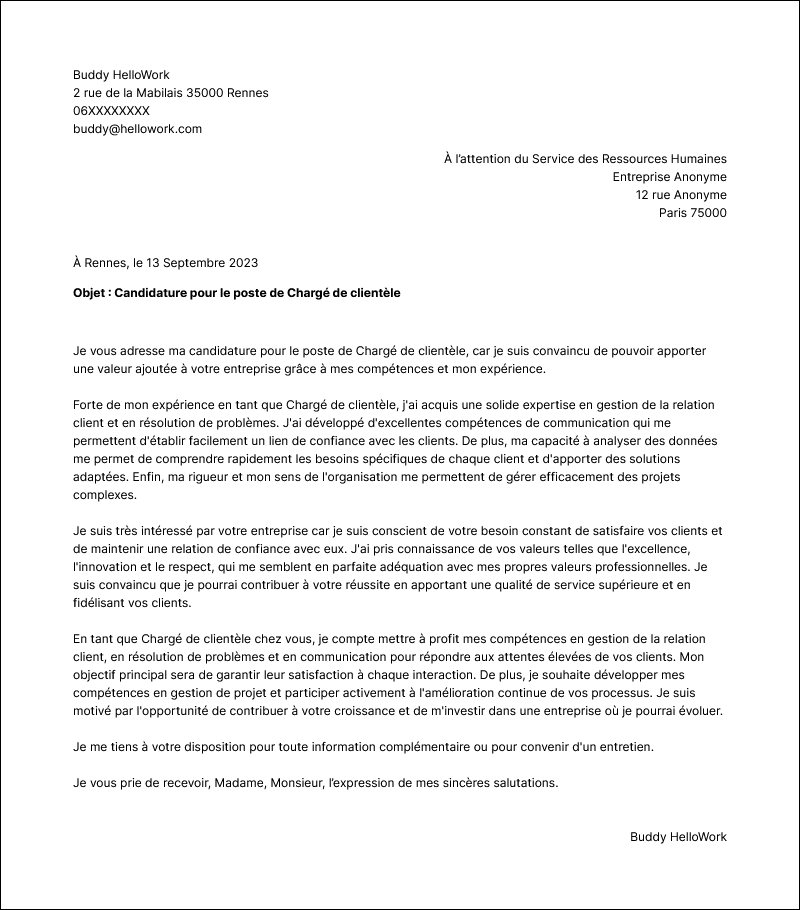Modèle lettre de motivation Chargé de clientèle Exemple lettre de motivation Chargé de clientèle