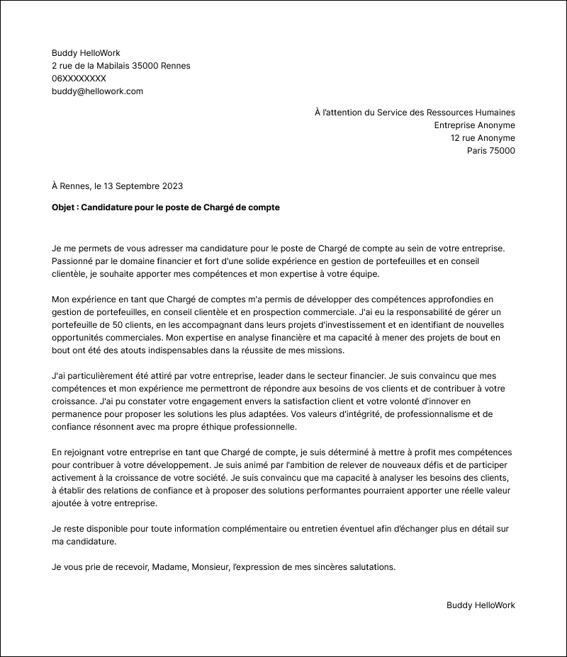 Modèle lettre de motivation Chargé de comptes Exemple lettre de motivation Chargé de comptes