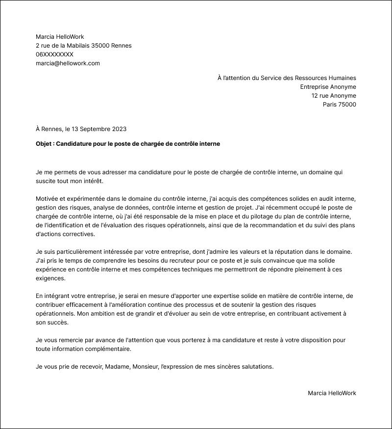 Modèle lettre de motivation Chargé de contrôle interne Exemple lettre de motivation Chargé de contrôle interne