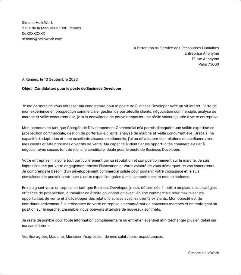 Modèle lettre de motivation Chargé de développement commercial Exemple lettre de motivation Chargé de développement commercial