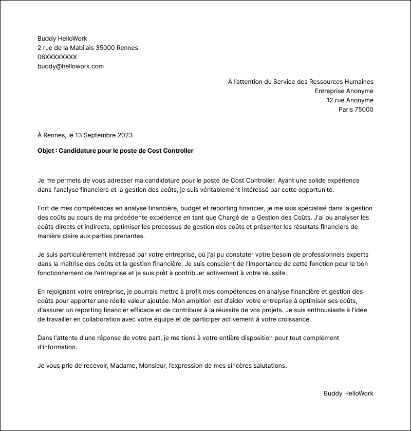 Modèle lettre de motivation Cost controller Exemple lettre de motivation Cost controller