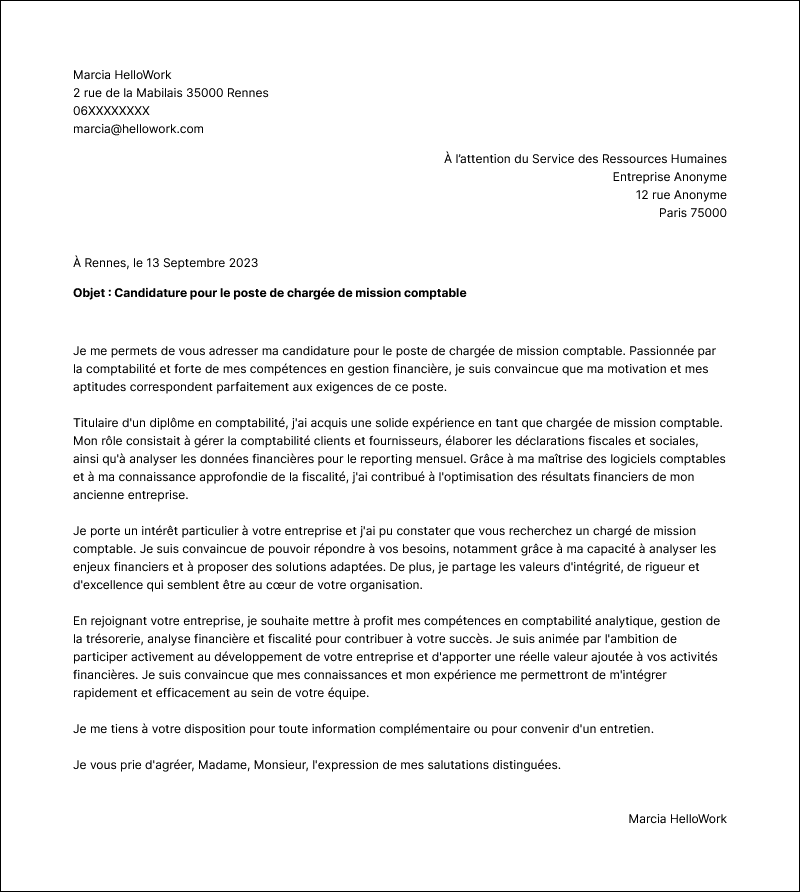 Modèle lettre de motivation Chef de mission comptable Exemple lettre de motivation Chef de mission comptable