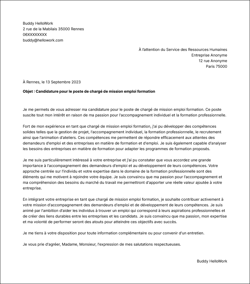 Modèle lettre de motivation Chargé de mission emploi formation Exemple lettre de motivation Chargé de mission emploi formation