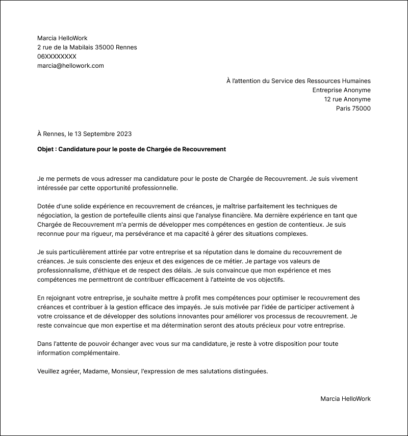 Modèle lettre de motivation Chargé de recouvrement Exemple lettre de motivation Chargé de recouvrement