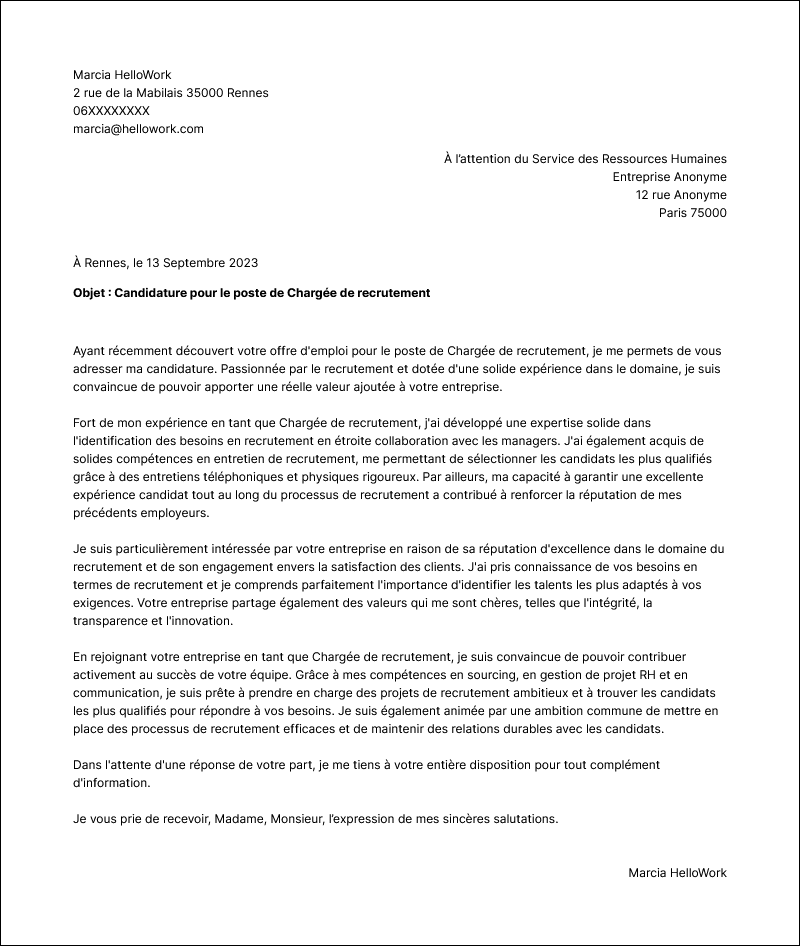 Modèle lettre de motivation Chargé de recrutement Exemple lettre de motivation Chargé de recrutement