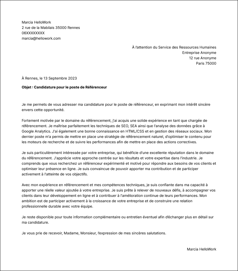 Modèle lettre de motivation Référenceur Exemple lettre de motivation Référenceur