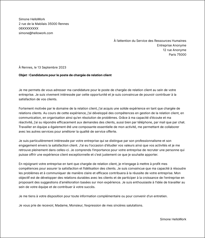 Modèle lettre de motivation Chargé de la relation client Exemple lettre de motivation Chargé de la relation client