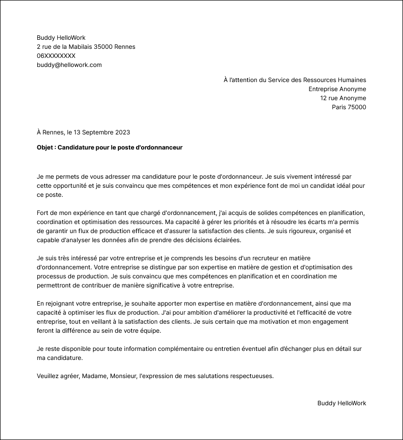 Modèle lettre de motivation Ordonnanceur Exemple lettre de motivation Ordonnanceur