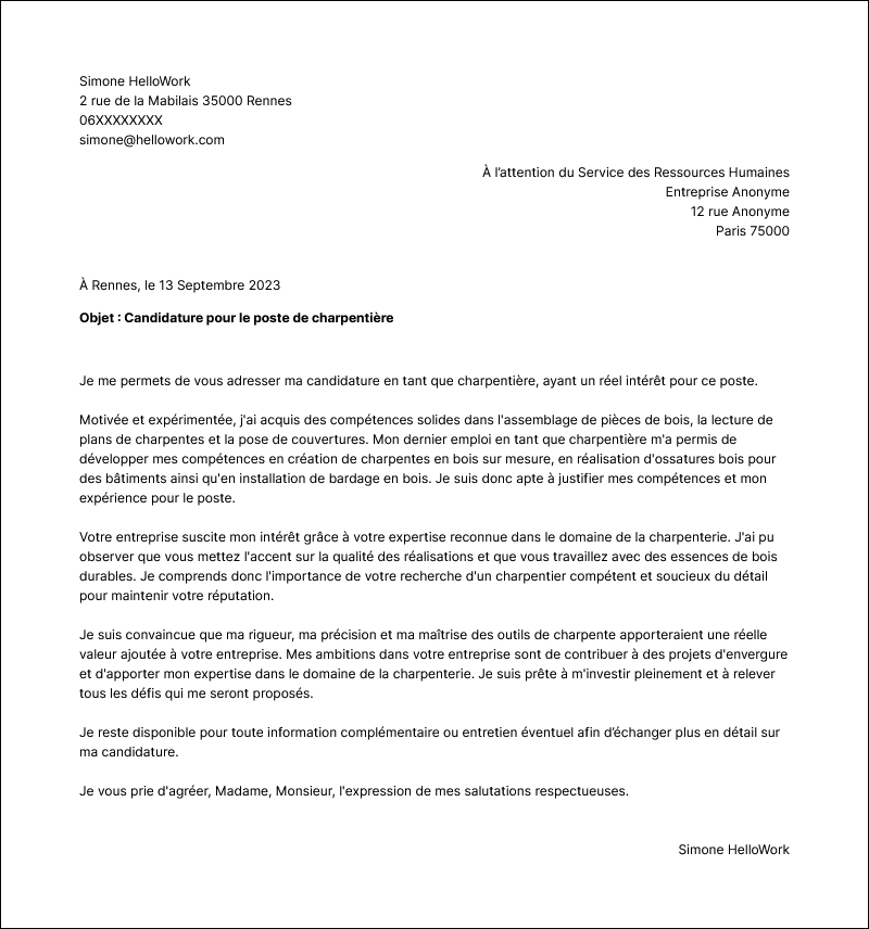 Modèle lettre de motivation Charpentier Exemple lettre de motivation Charpentier