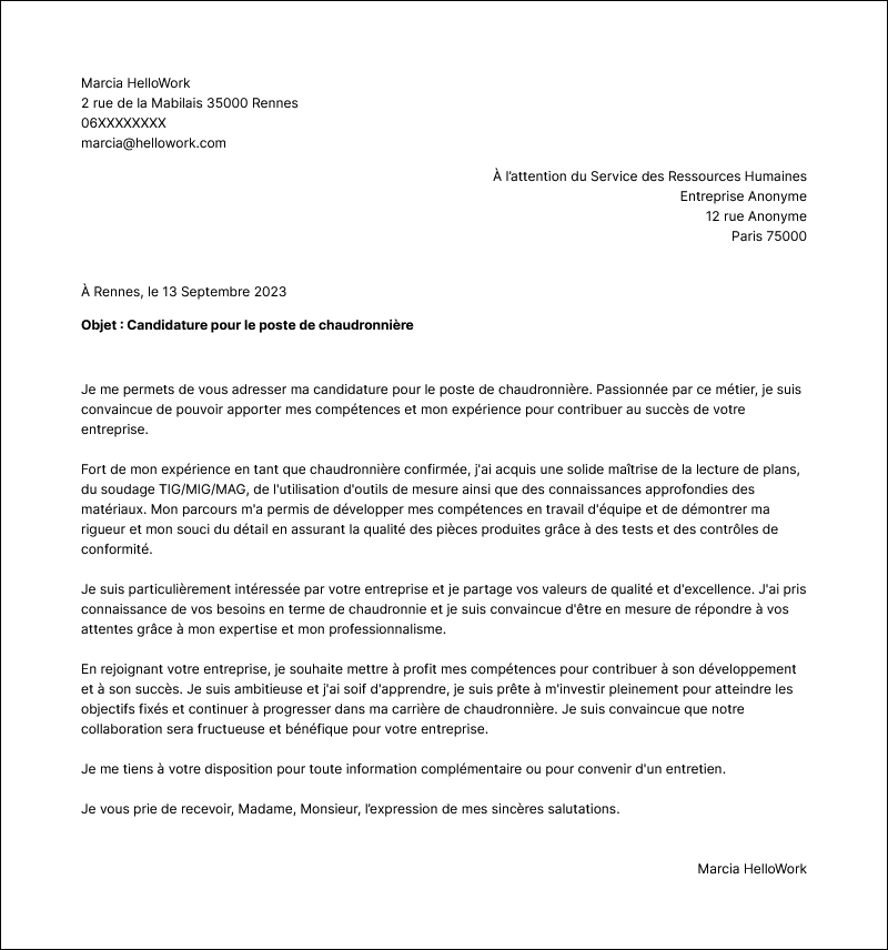 Modèle lettre de motivation Chaudronnier Exemple lettre de motivation Chaudronnier