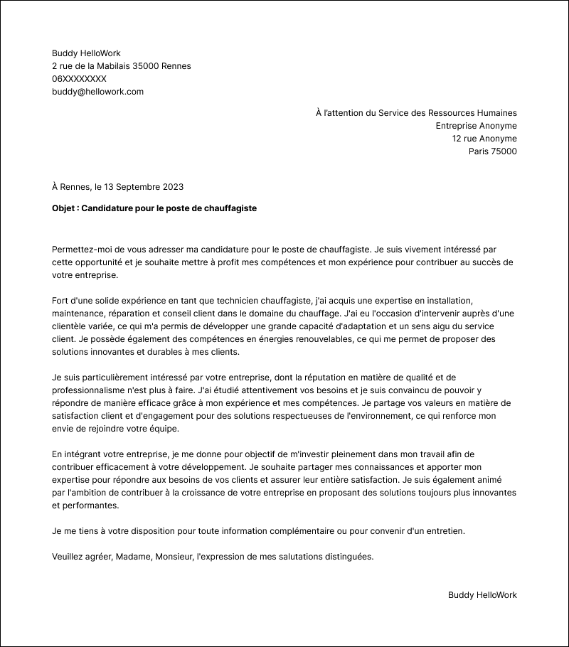 Modèle lettre de motivation Chauffagiste Exemple lettre de motivation Chauffagiste