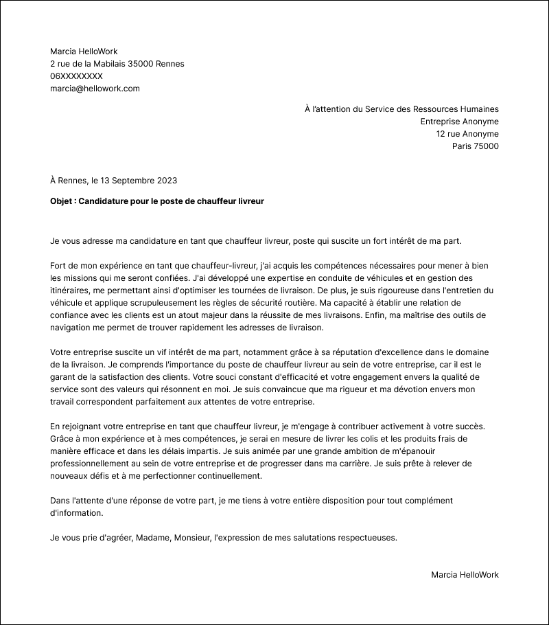 Modèle lettre de motivation Chauffeur-livreur Exemple lettre de motivation Chauffeur-livreur