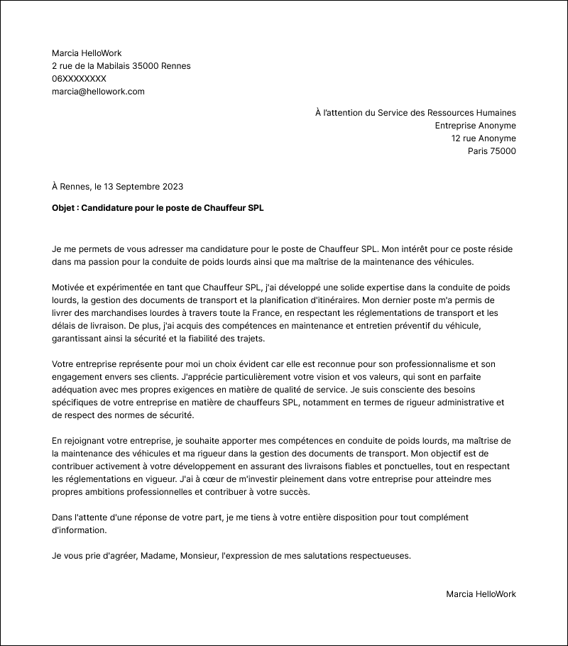 Modèle lettre de motivation Chauffeur SPL Exemple lettre de motivation Chauffeur SPL