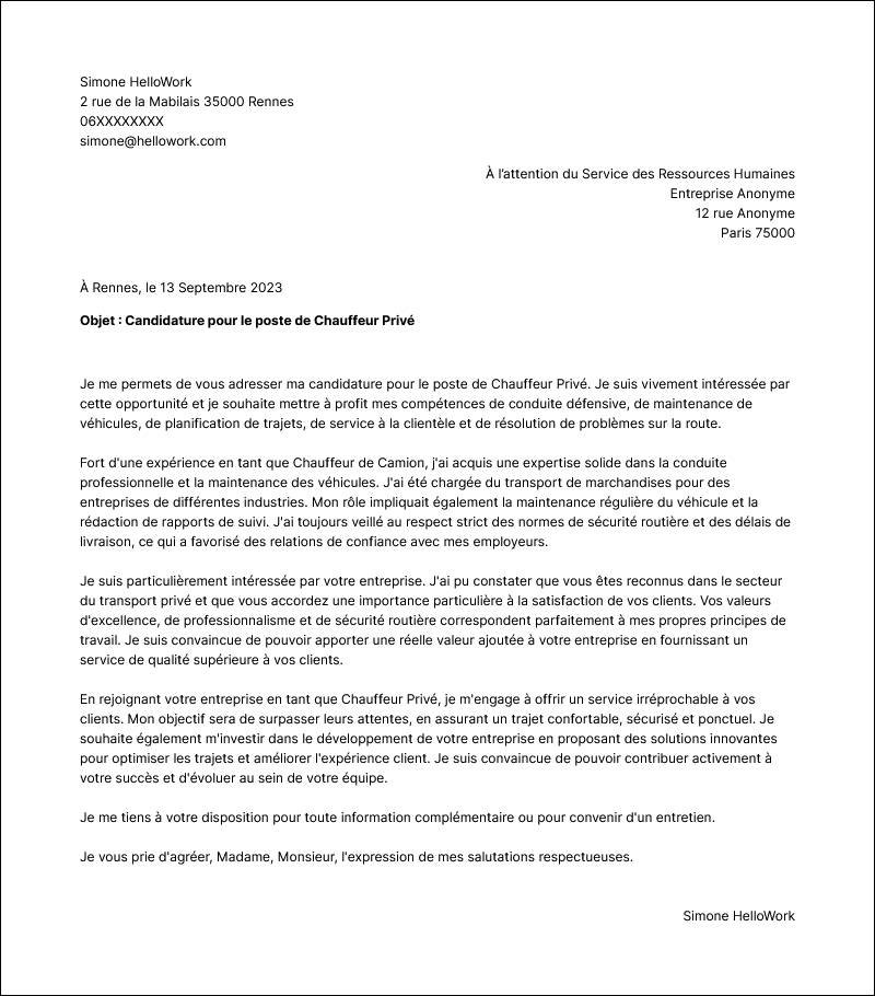 Modèle lettre de motivation Chauffeur Exemple lettre de motivation Chauffeur