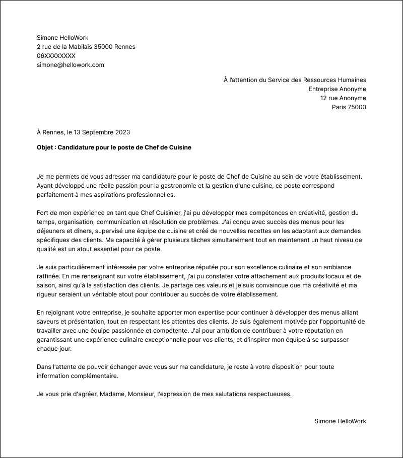 Modèle lettre de motivation Chef cuisine Exemple lettre de motivation Chef cuisine