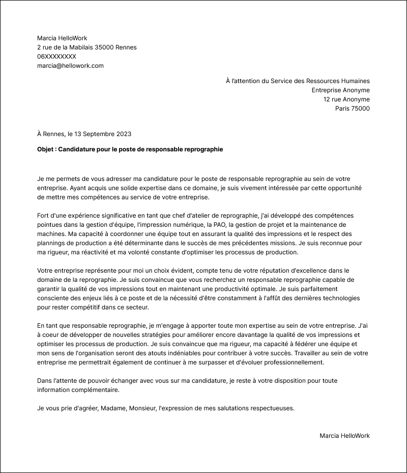 Modèle lettre de motivation Responsable reprographie Exemple lettre de motivation Responsable reprographie