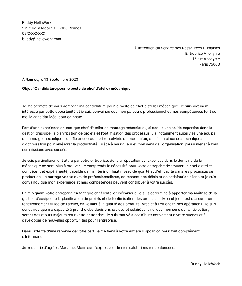 Modèle lettre de motivation Chef d'atelier en mécanique Exemple lettre de motivation Chef d'atelier en mécanique