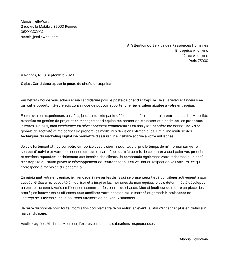 Modèle lettre de motivation Chef d'entreprise Exemple lettre de motivation Chef d'entreprise