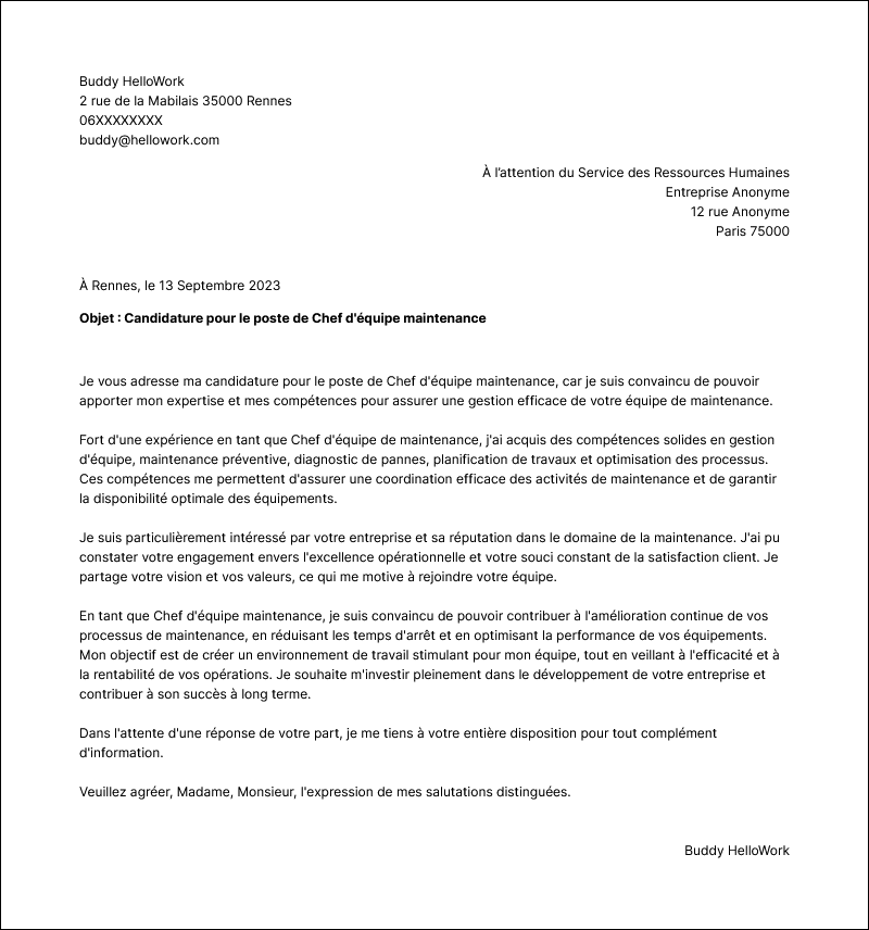 Modèle lettre de motivation Chef d'équipe maintenance Exemple lettre de motivation Chef d'équipe maintenance