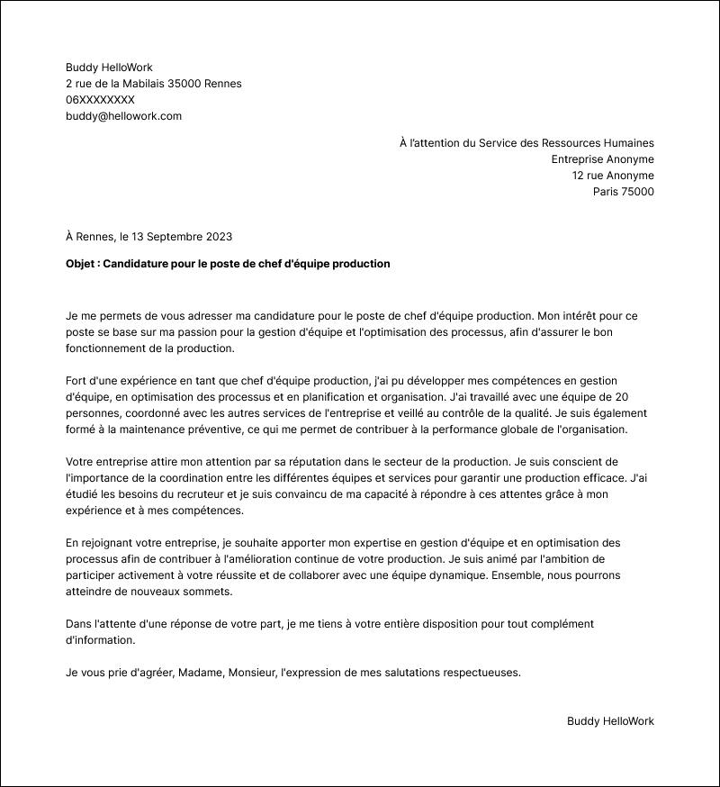 Modèle lettre de motivation Chef d'équipe production Exemple lettre de motivation Chef d'équipe production