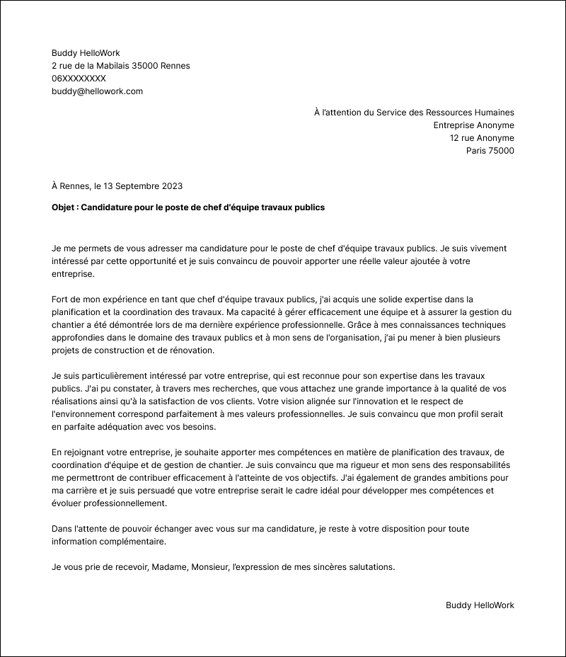 Modèle lettre de motivation Chef d'équipe travaux publics Exemple lettre de motivation Chef d'équipe travaux publics
