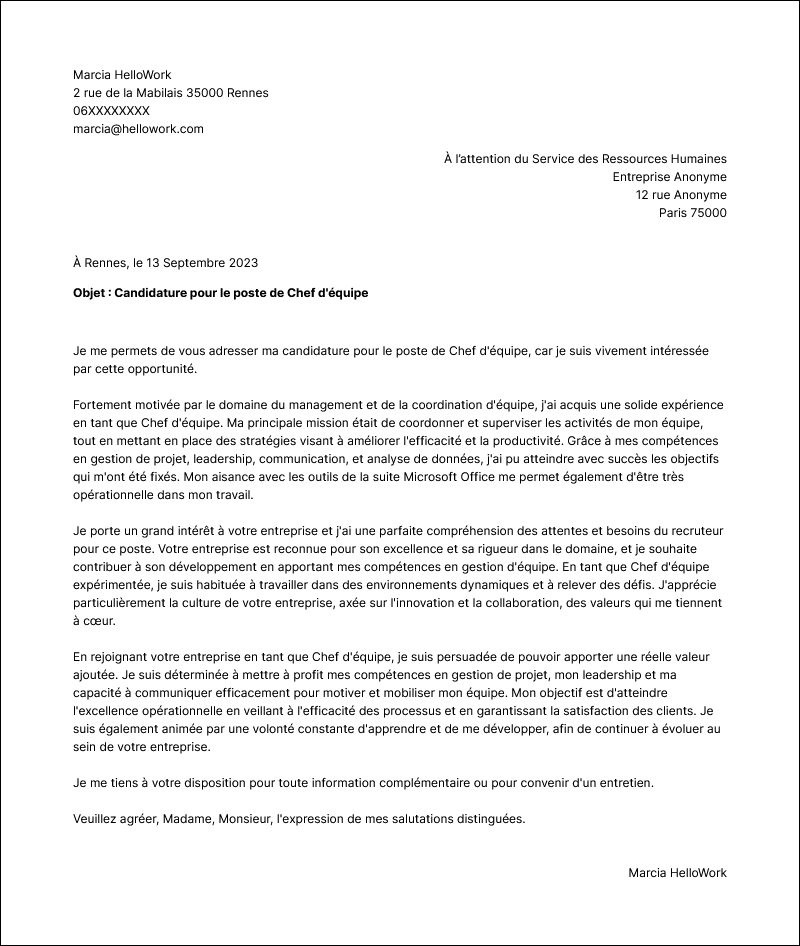 Modèle lettre de motivation Chef d'équipe Exemple lettre de motivation Chef d'équipe
