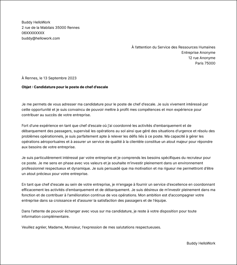 Modèle lettre de motivation Chef d'escale Exemple lettre de motivation Chef d'escale