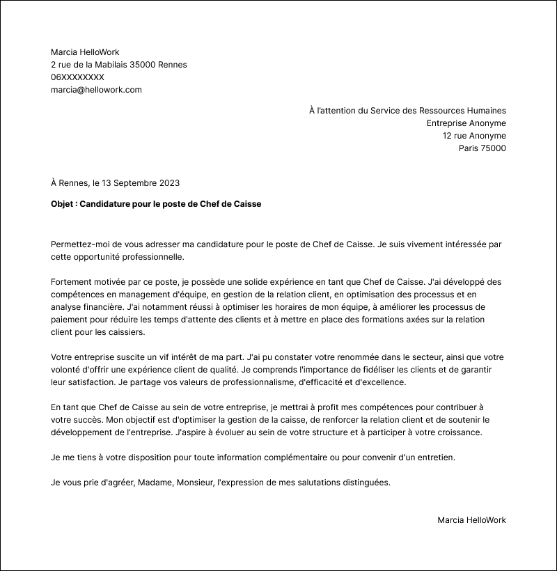 Modèle lettre de motivation Chef de caisses Exemple lettre de motivation Chef de caisses