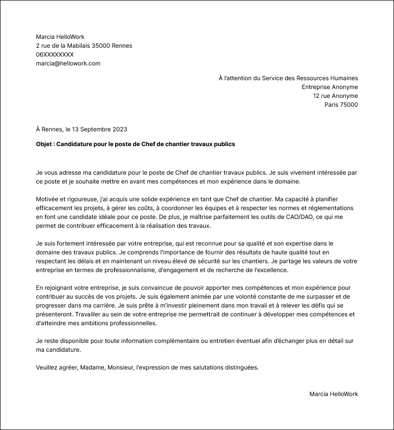 Modèle lettre de motivation Chef de chantier travaux publics Exemple lettre de motivation Chef de chantier travaux publics