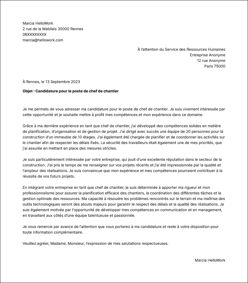 Exemple lettre de motivation Chef de chantier