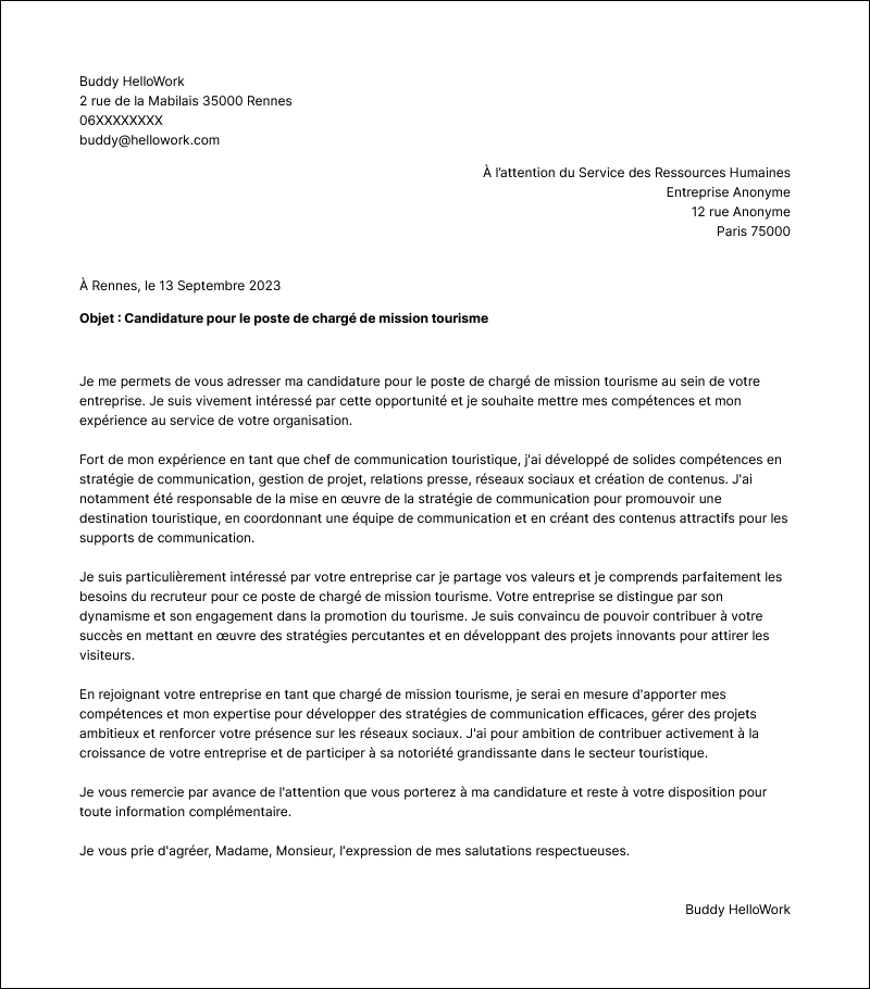 Modèle lettre de motivation Chargé de mission tourisme Exemple lettre de motivation Chargé de mission tourisme