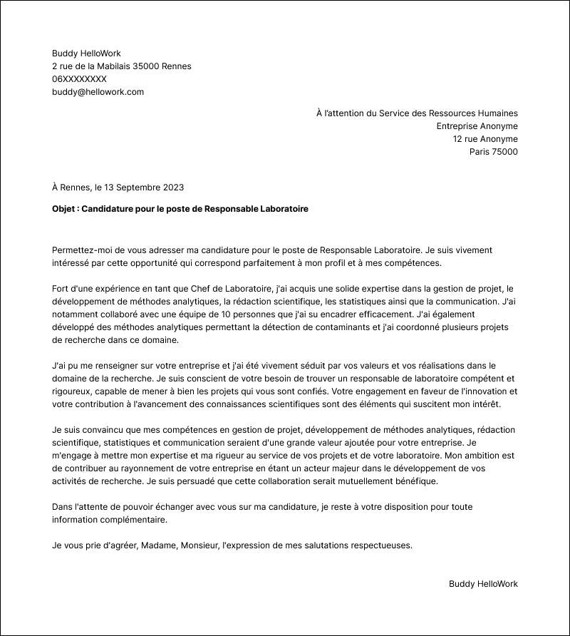 Modèle lettre de motivation Responsable de laboratoire Exemple lettre de motivation Responsable de laboratoire