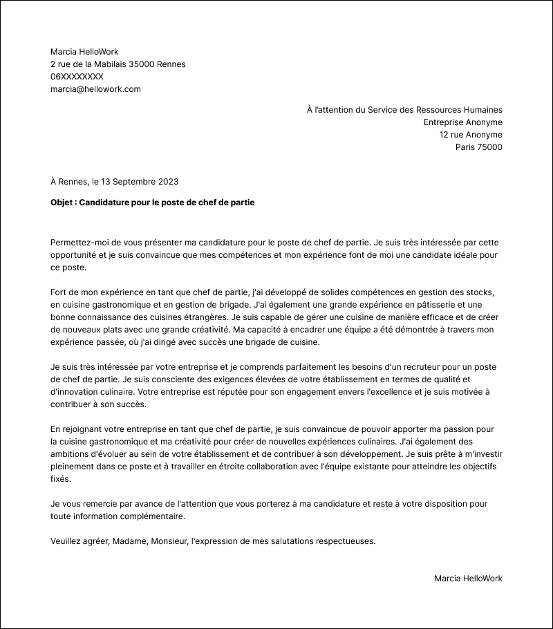 Modèle lettre de motivation Chef de partie Exemple lettre de motivation Chef de partie