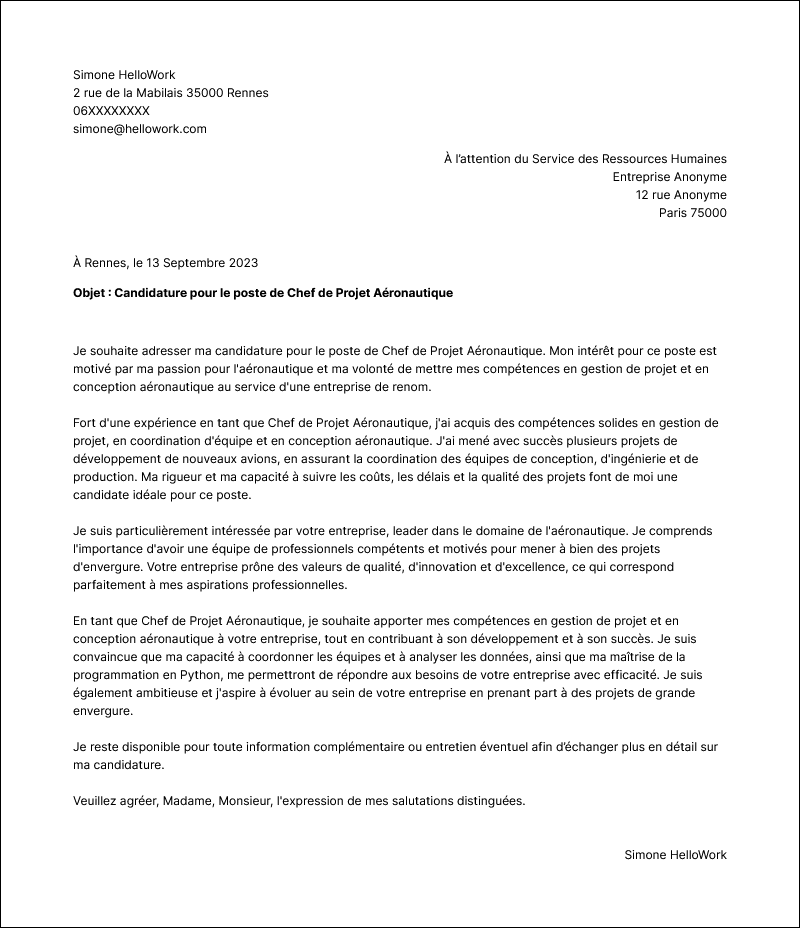 Modèle lettre de motivation Chef de projet aéronautique Exemple lettre de motivation Chef de projet aéronautique
