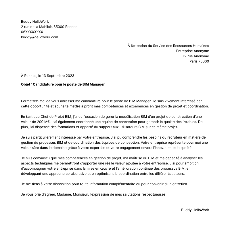 Modèle lettre de motivation BIM manager Exemple lettre de motivation BIM manager