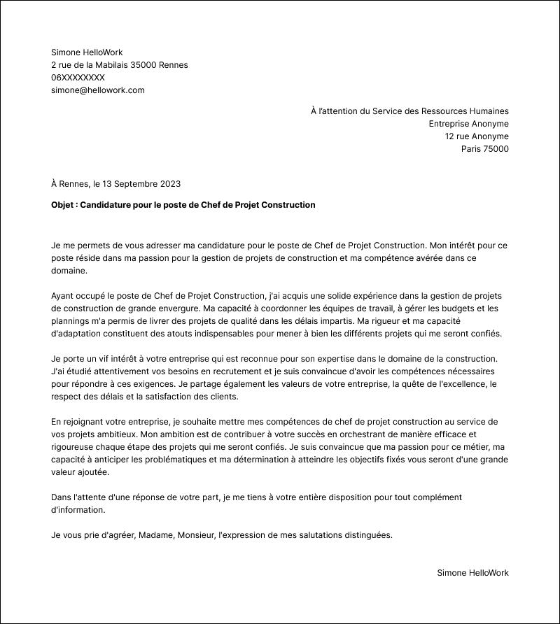 Modèle lettre de motivation Chef de projet construction Exemple lettre de motivation Chef de projet construction