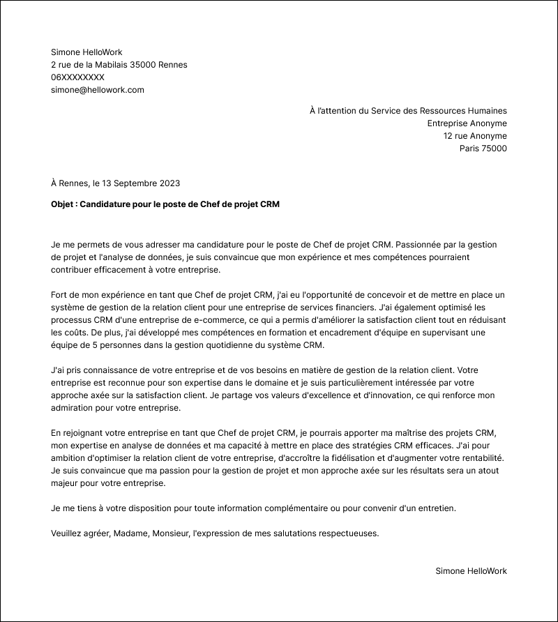 Modèle lettre de motivation Chef de projet CRM Exemple lettre de motivation Chef de projet CRM