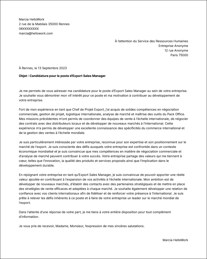 Modèle lettre de motivation Export sales manager Exemple lettre de motivation Export sales manager