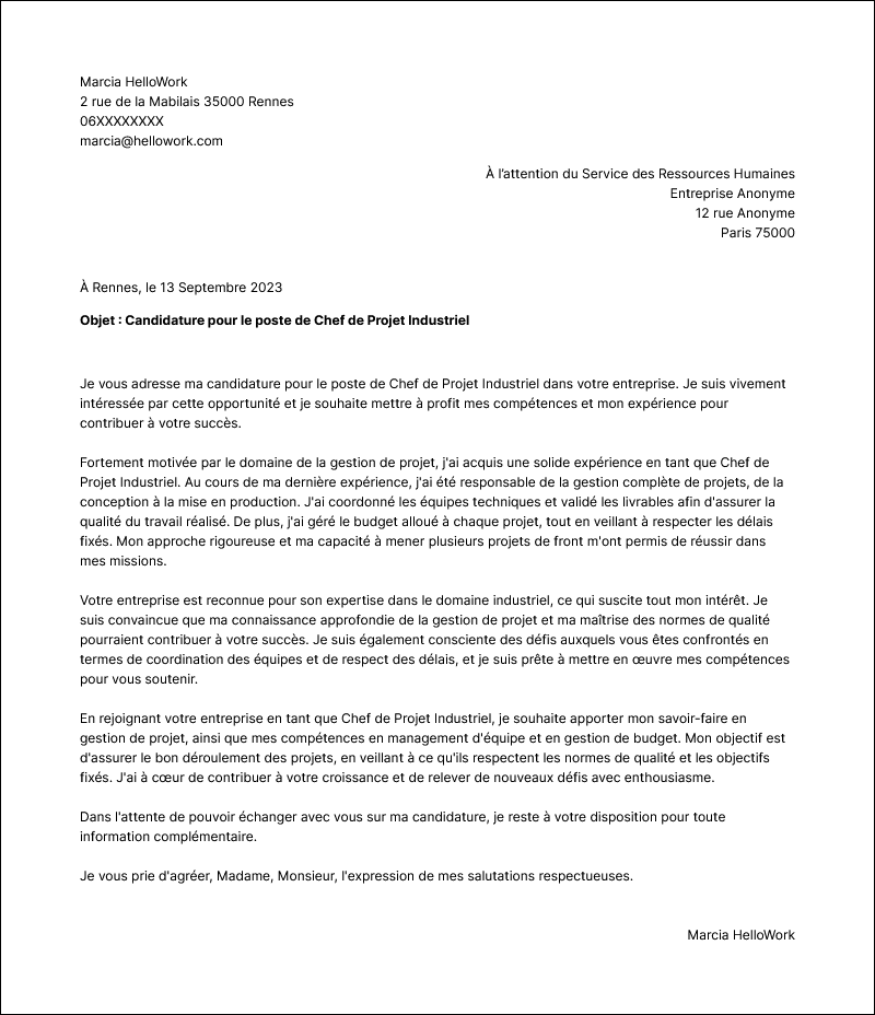 Modèle lettre de motivation Chef de projet industriel Exemple lettre de motivation Chef de projet industriel