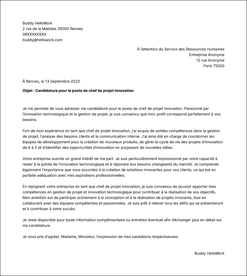 Modèle lettre de motivation Chef de projet innovation Exemple lettre de motivation Chef de projet innovation