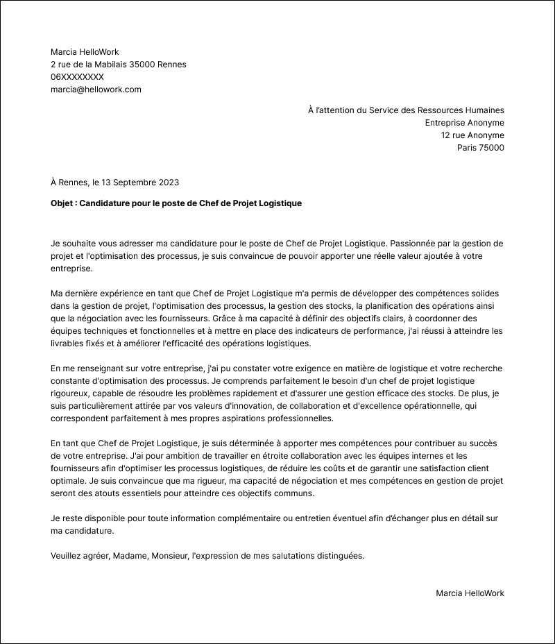 Modèle lettre de motivation Chef de projet logistique Exemple lettre de motivation Chef de projet logistique
