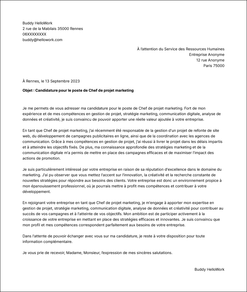 Modèle lettre de motivation Chef de projet marketing Exemple lettre de motivation Chef de projet marketing
