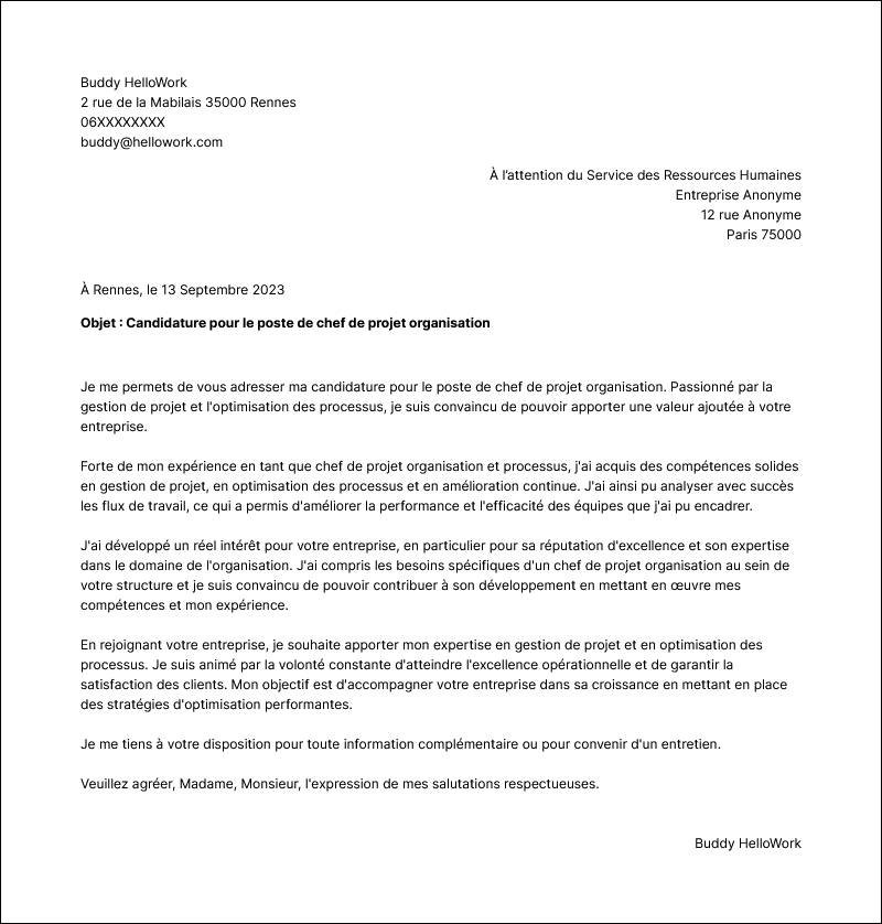 Modèle lettre de motivation Chef de projet organisation et processus Exemple lettre de motivation Chef de projet organisation et processus