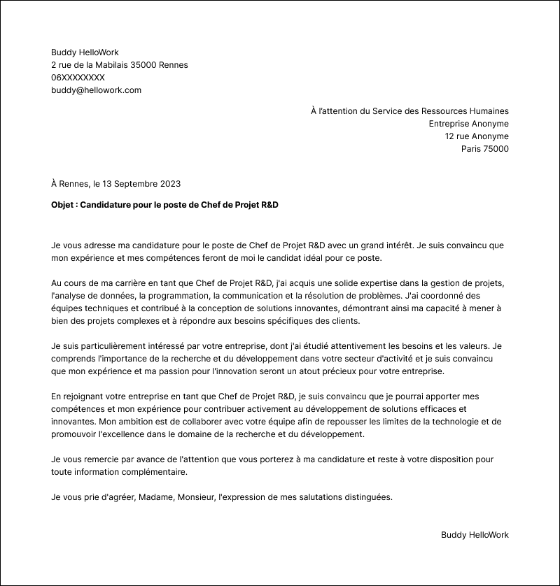 Modèle lettre de motivation Chef de projet R&D Exemple lettre de motivation Chef de projet R&D